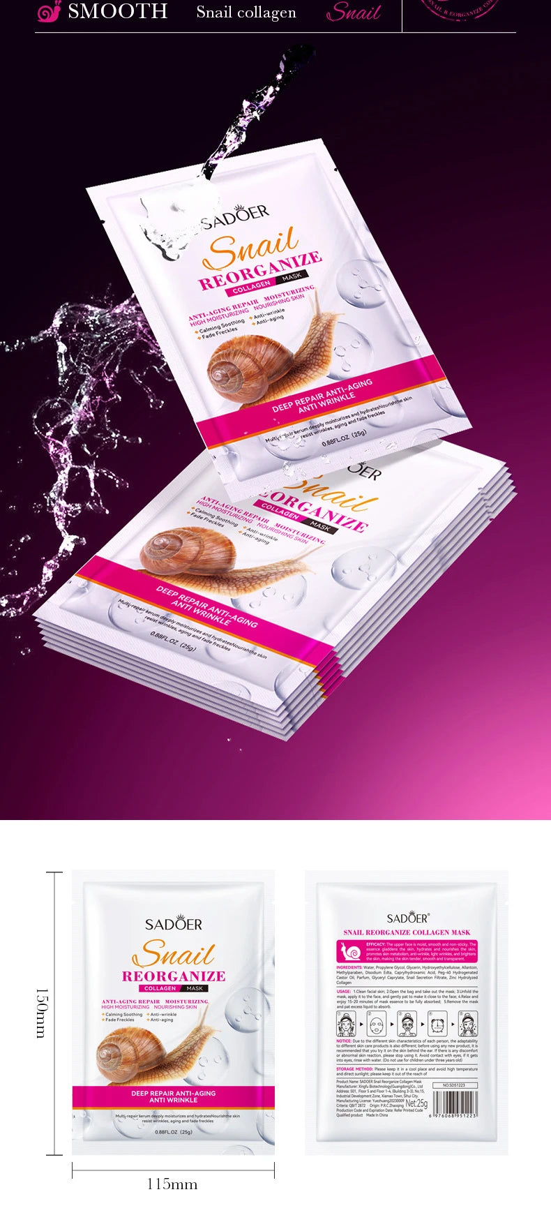 10pcs SADOER Snail Collagen Facial Masks Firming Moisturizing Brightening Hydrating Face Mask Beauty Face Skin Care Products