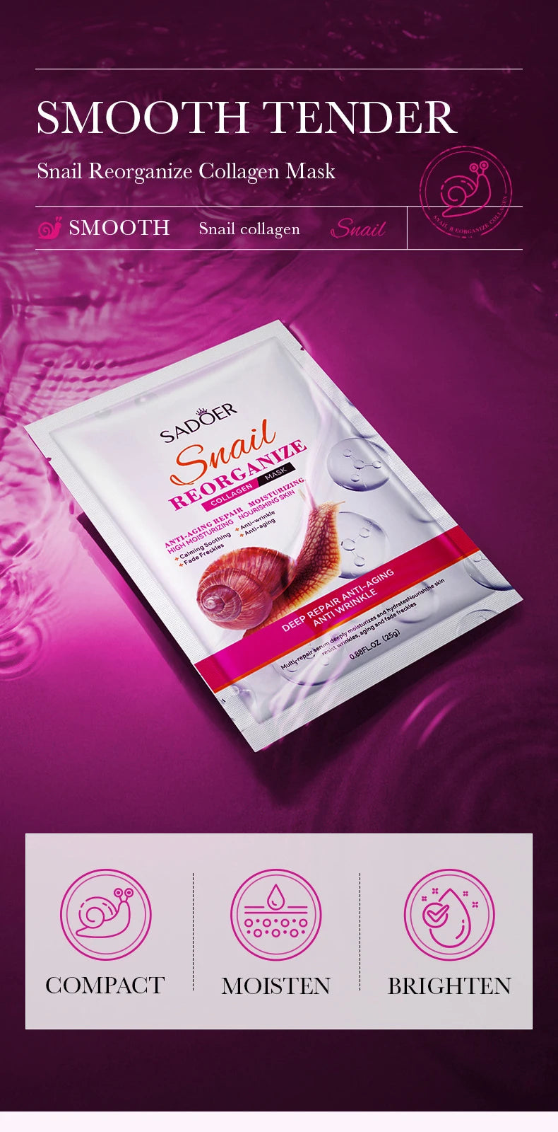 10pcs SADOER Snail Collagen Facial Masks Firming Moisturizing Brightening Hydrating Face Mask Beauty Face Skin Care Products